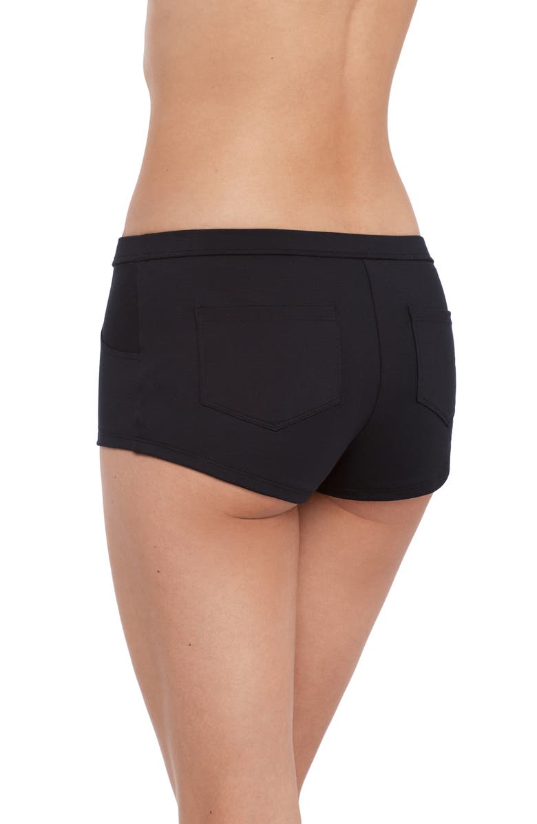 Steve Madden Hip Hugger Shorty Swim Shorts, Alternate, color, Black