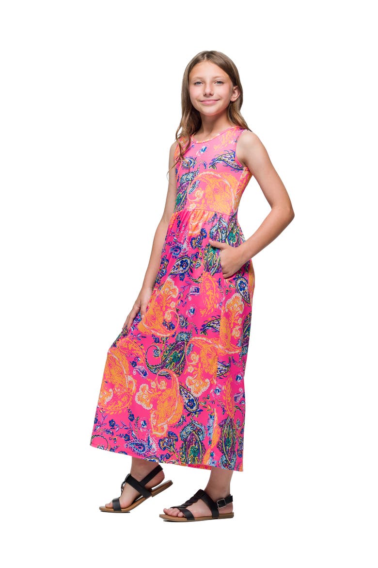 Pink Paisley Print Sleeveless Maxi Dress with Pockets, Alternate, color, Orange Multi