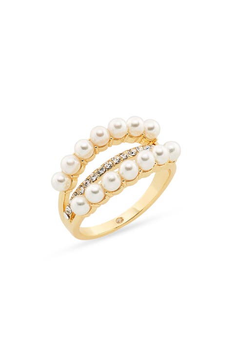 Imitation Pearl & CZ Triple Band Ring