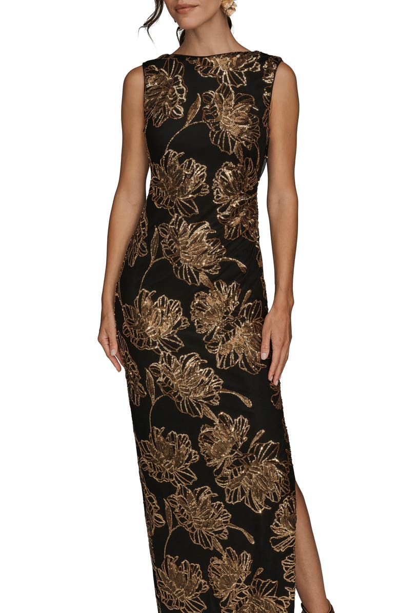 Donna Karan New York Sequin Floral Sleeveless Gown, Alternate, color, Black/ Gold