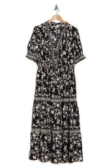 Max Studio Short Sleeve Tiered Maxi Dress In Black/ivory Silhouette Vine