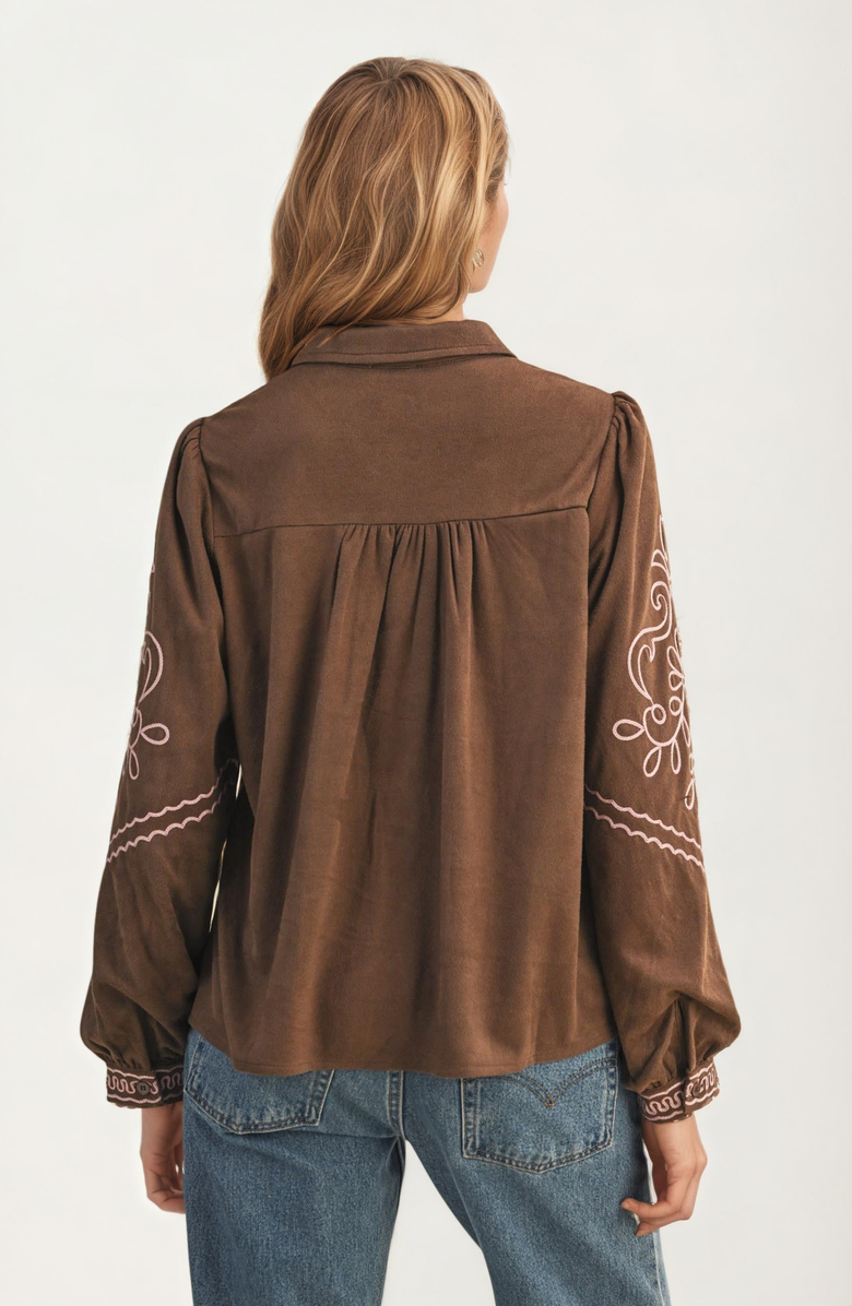 Knit and Lounge Button Up Blouse with Embroidery Details, Alternate, color, 