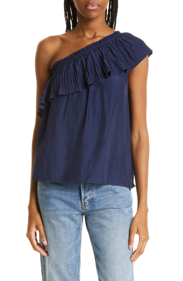 Ramy Brook One-Shoulder Pleat Ruffle Top, Main, color, 