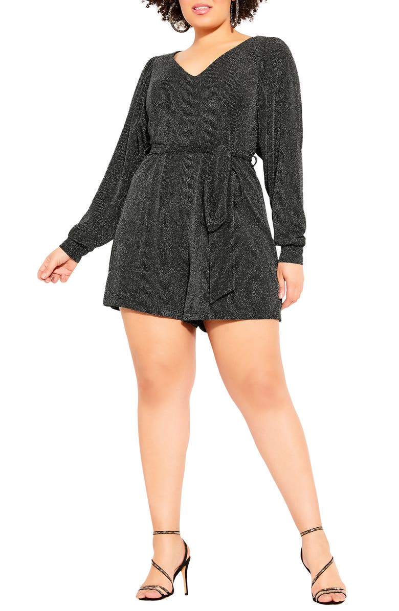 City Chic Celebration Long Sleeve Romper, Main, color, Gunmetal