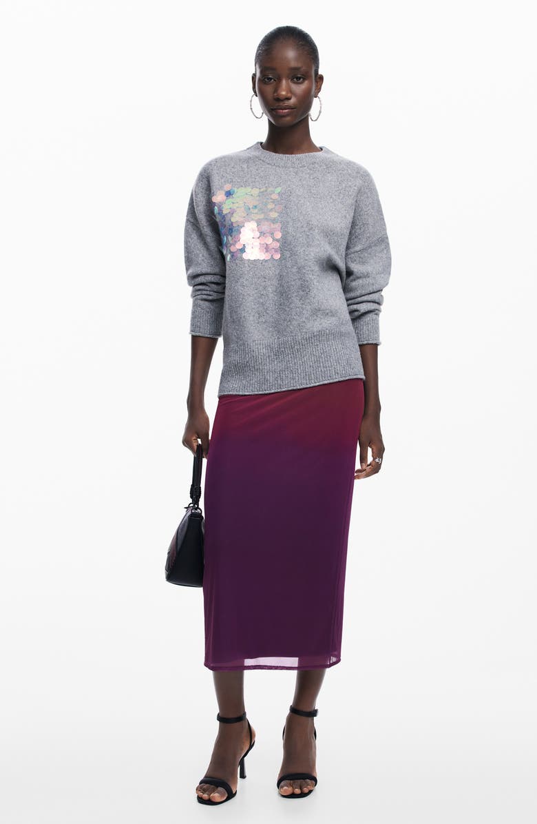 Desigual Smug Sequin Patch Sweater, Alternate, color, Grey Scale