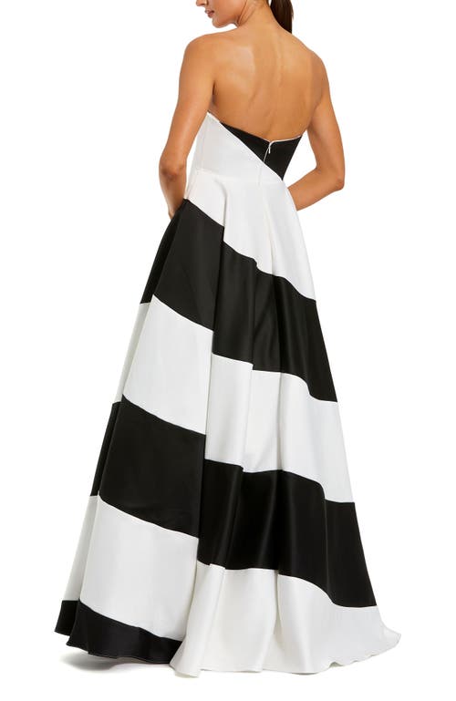 Mac Duggal Black And White Striped Satin Strapless Ballgown In Multi