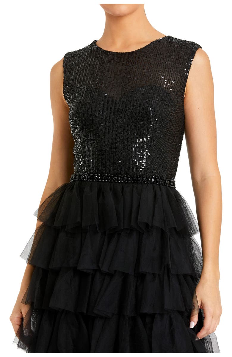 Mac Duggal Ruffle Tiered Sequin High Neck Gown, Alternate, color, Black