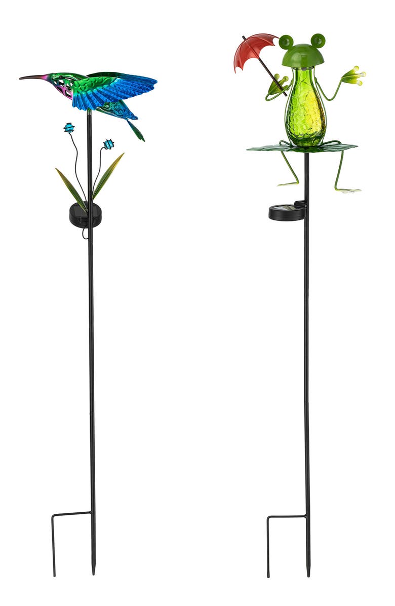Glitzhome Set of 2 36"H Solar Hummingbird & Frog Yardstakes, Alternate, color, Green