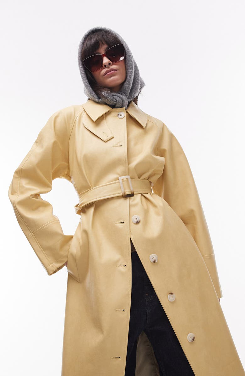 Topshop Oversize Faux Leather Cotton Trench Coat, Alternate, color,