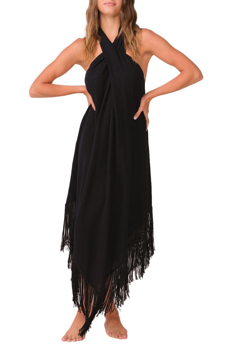 PQ SWIM Kate Fringe Cover-Up Halter Dress, Main, color, Midnight