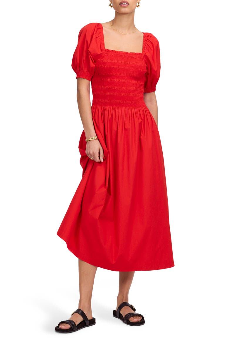 Smocked Puff Sleeve Midi Dress, Main, color, CERISE