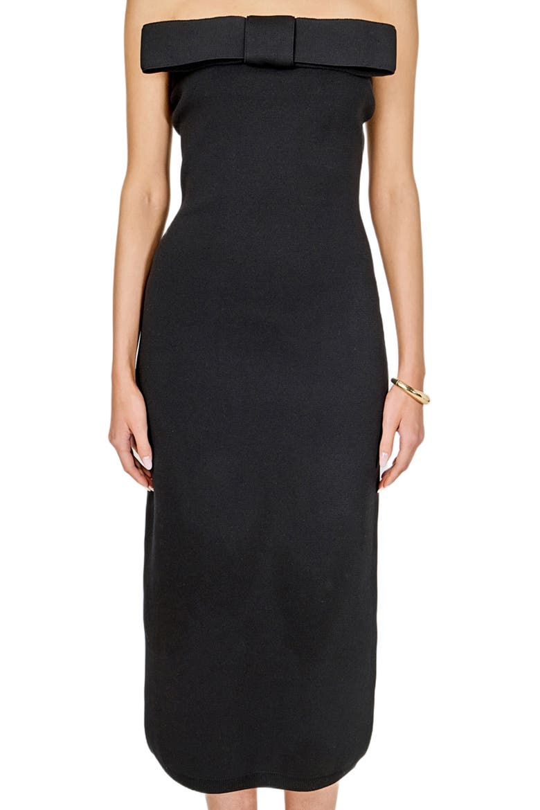 Bow Strapless Midi Cocktail Dress, Alternate, color, BLACK