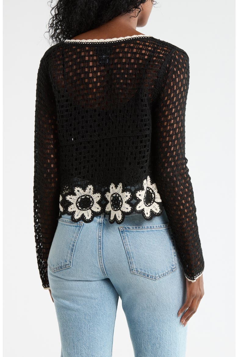 Scallop Trim Crochet Sweater, Alternate, color, BLACK/ IVORY