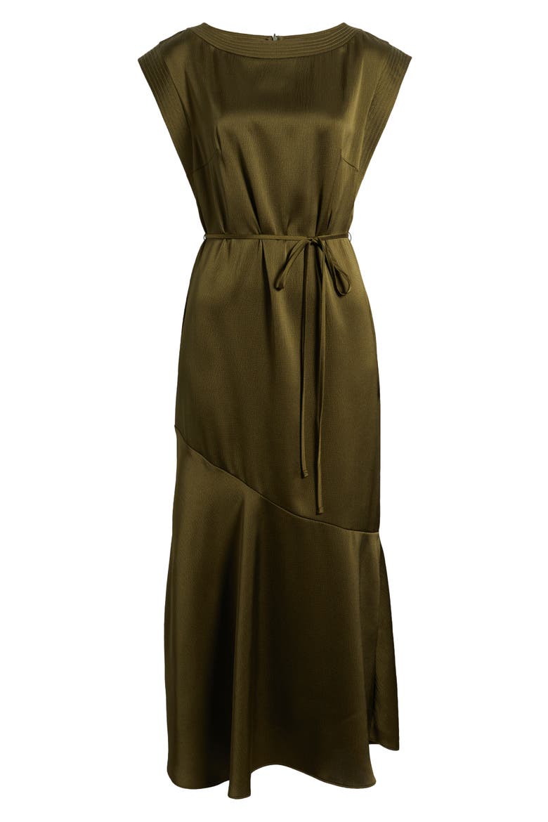 Cap Sleeve Stretch Satin Belted Dress, Alternate, color, OLIVE
