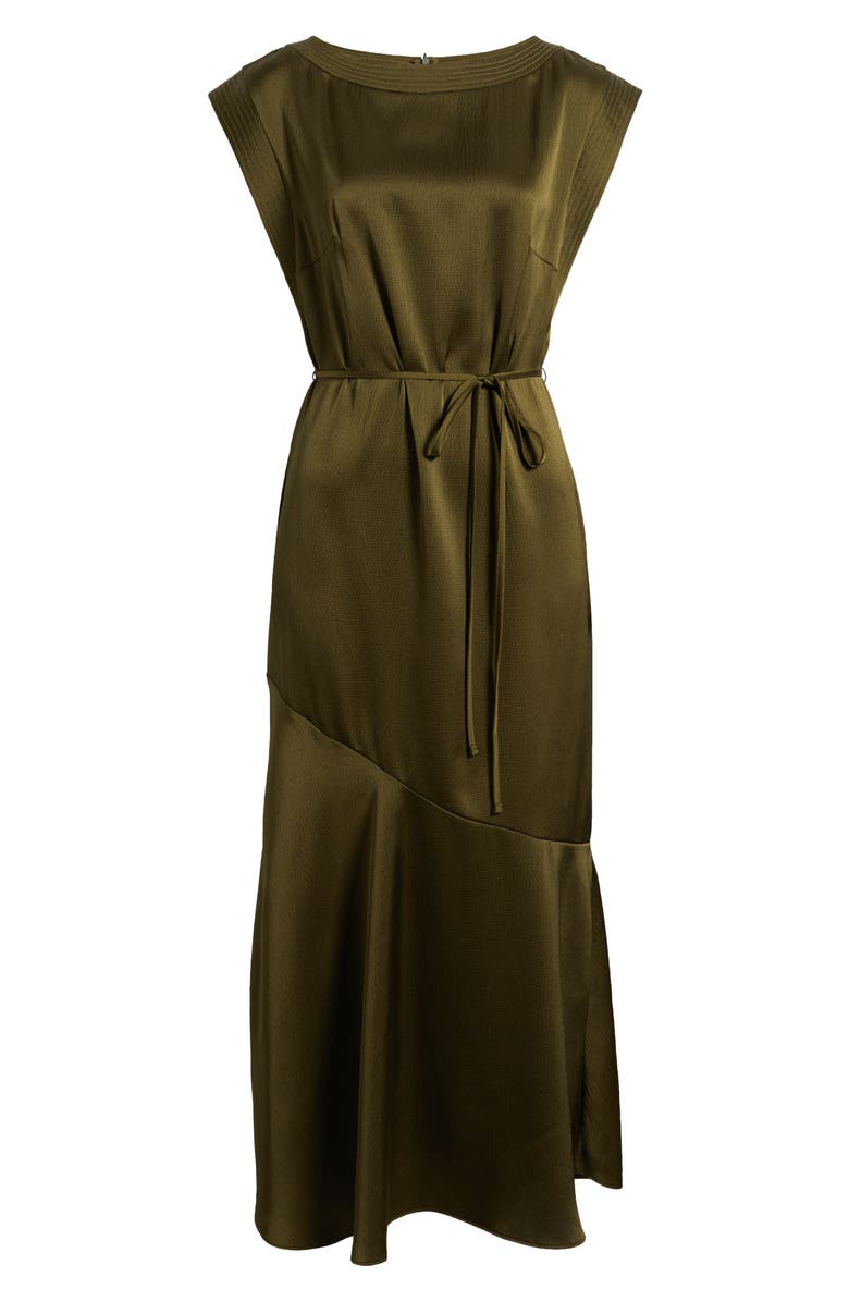 Vince Camuto Cap Sleeve Stretch Satin Belted Dress, Alternate, color, Olive