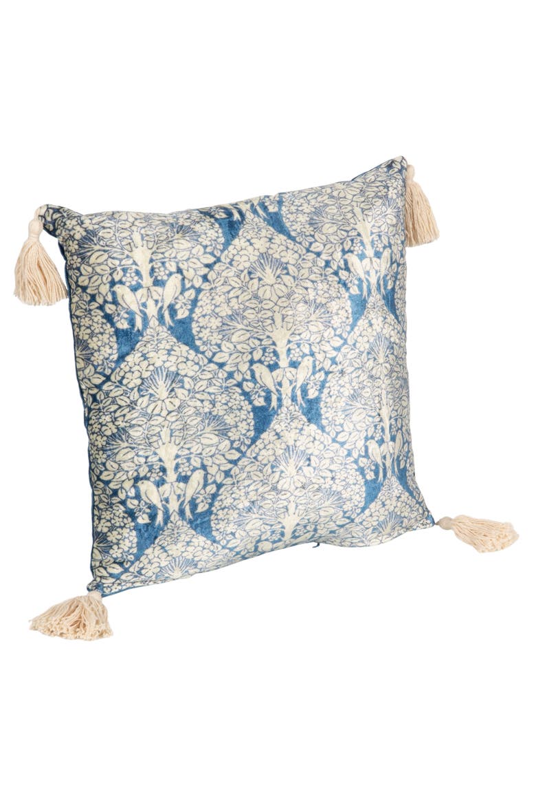 Cotton Blend Velvet Printed Pillow with Pattern and Tassels, Blue and Cream, Main, color, Blue