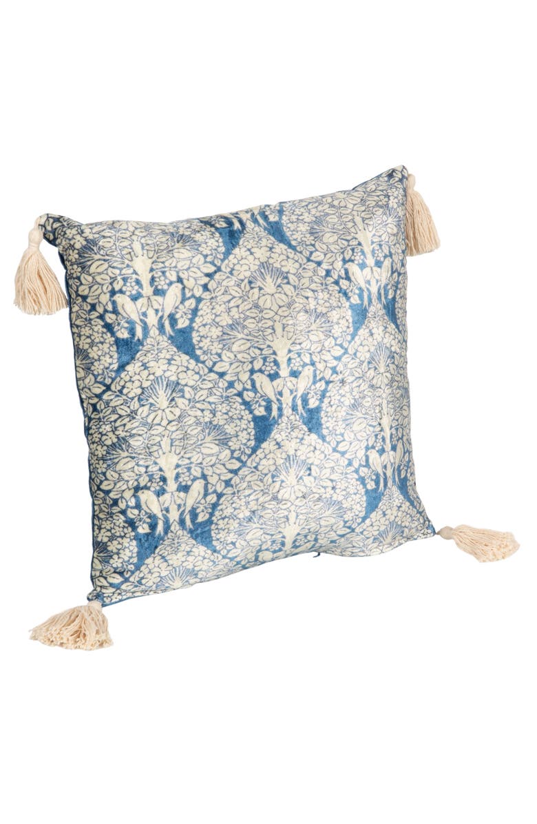 Storied Home Cotton Blend Velvet Printed Pillow with Pattern and Tassels, Blue and Cream Color, Main, color, Blue