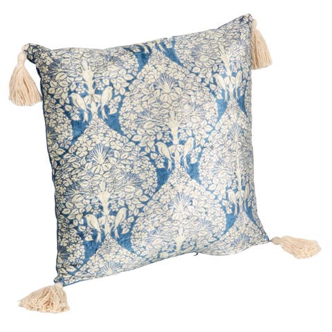 Cotton Blend Velvet Printed Pillow with Pattern and Tassels, Blue and Cream Color