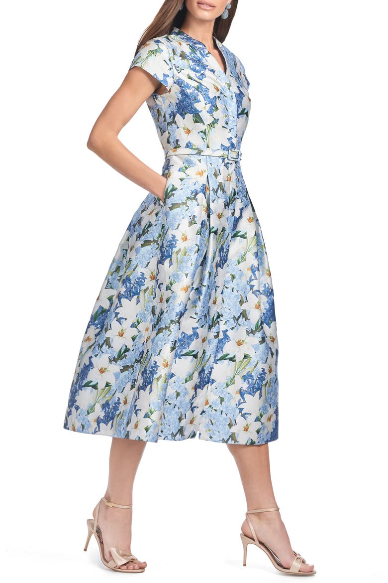 Martine Floral Print Belted Midi Dress, Alternate, color, SKY BLUE STAR LILLIES