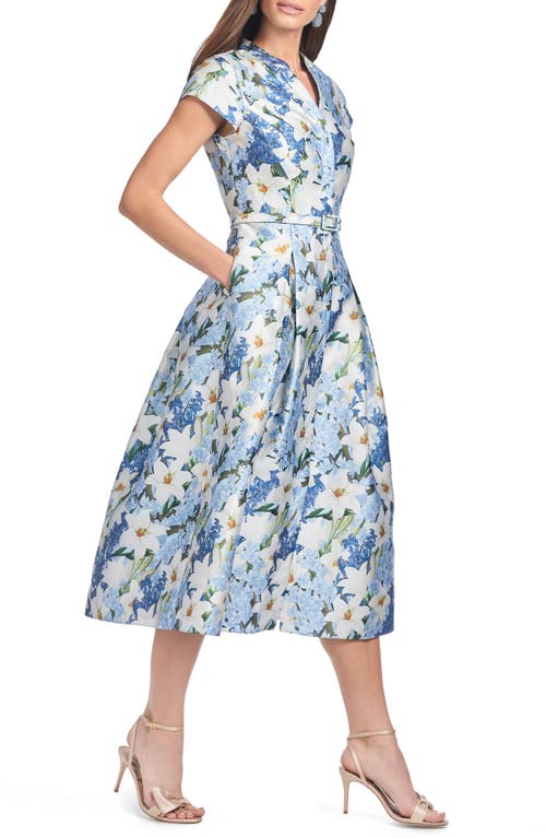 Sachin & Babi Martine Pleated Floral-print Mikado Midi Dress In Sky Blue Star Lillies