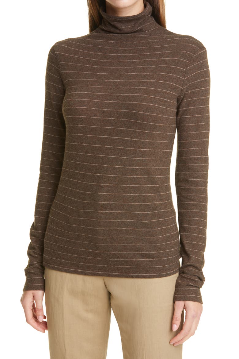 Hazy Chalk Stripe Turtleneck Top, Main, color, DARK WALNUT/ HEATHER GRANITE