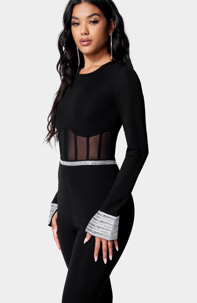 bebe Rhinestone Mesh Jumpsuit, Alternate, color,