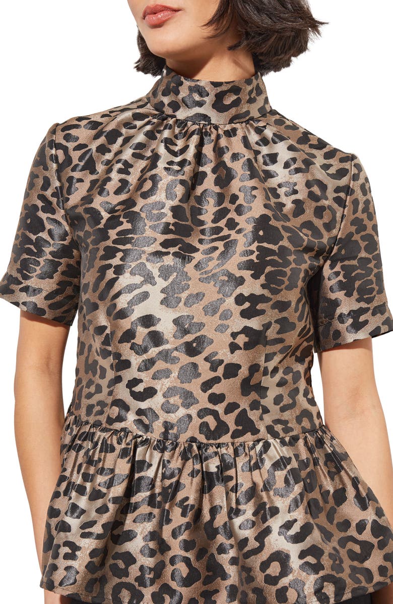Ming Wang Leopard Print Peplum Top, Alternate, color, Java/Lmst/Bk