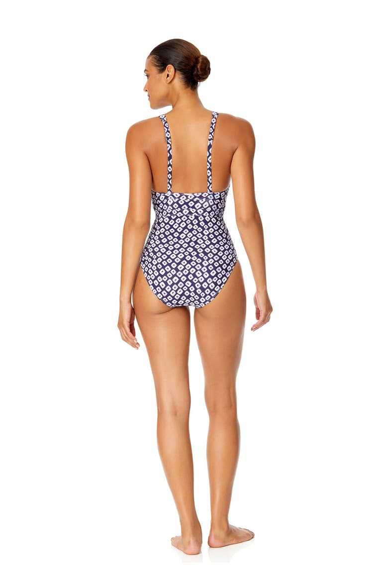 Women's Tie Dye Ikat Double Ring Plunge Front One Piece Swimsuit, Alternate, color, Shibori Geo Blue