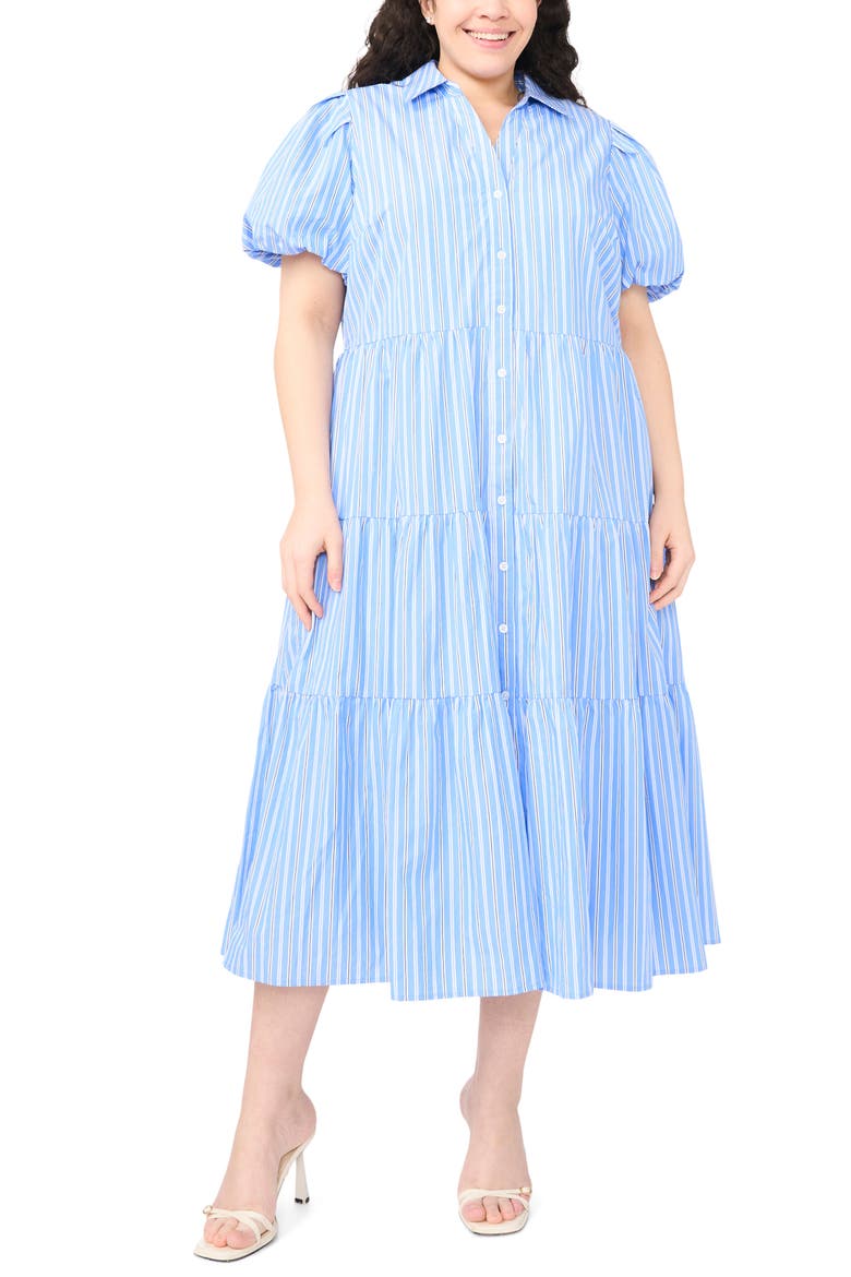 Stripe Tiered Cotton Shirtdress, Main, color, BELLFLOWER BLUE