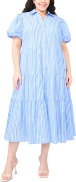 CeCe Stripe Tiered Cotton Shirtdress