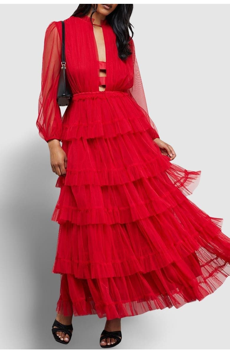 Warehouse Ruffle Neck Tulle Maxi Dress, Alternate, color, Red