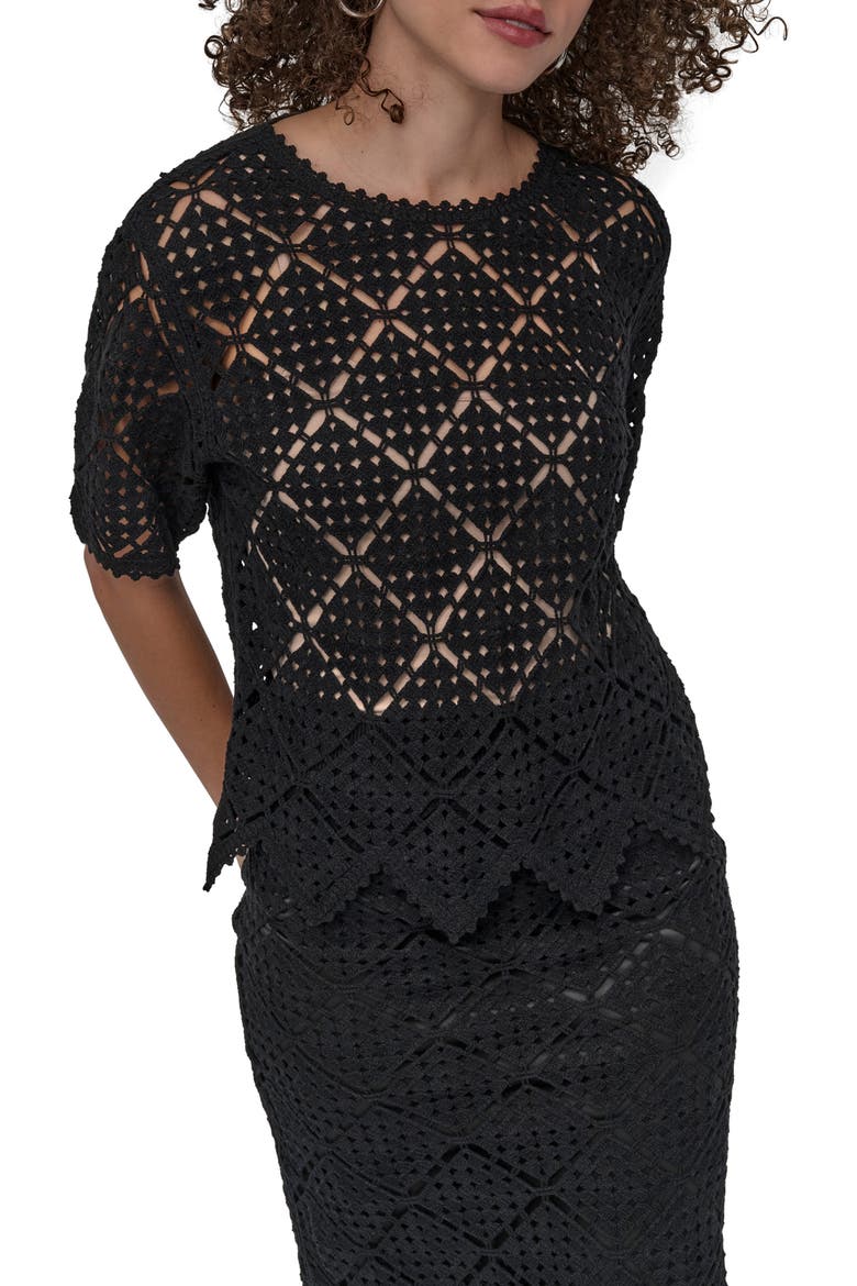 Crochet Stitch Short Sleeve Sweater, Main, color, BLACK