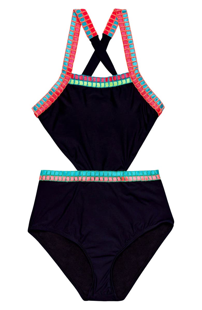 Beach Lingo Kids' Cutout Embroidered One-Piece Swimsuit, Main, color, 