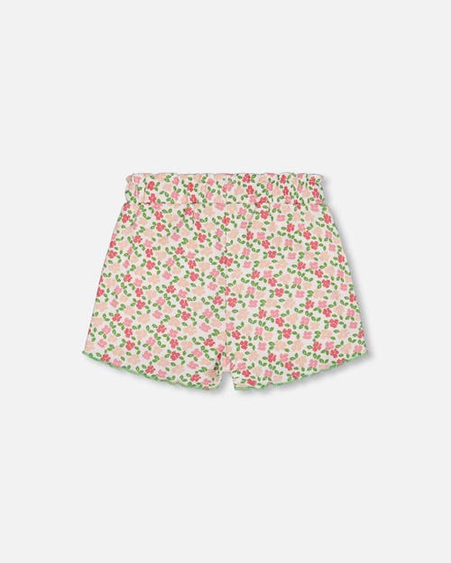 Deux Par Deux Girl's Printed Ribbed Short Small Flowers On White Background In Small Flowers On White