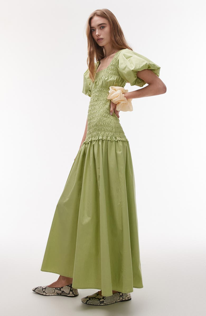 Topshop Puff Sleeve Smocked Drop-Waist Cotton Maxi Dress, Alternate, color, Light Green
