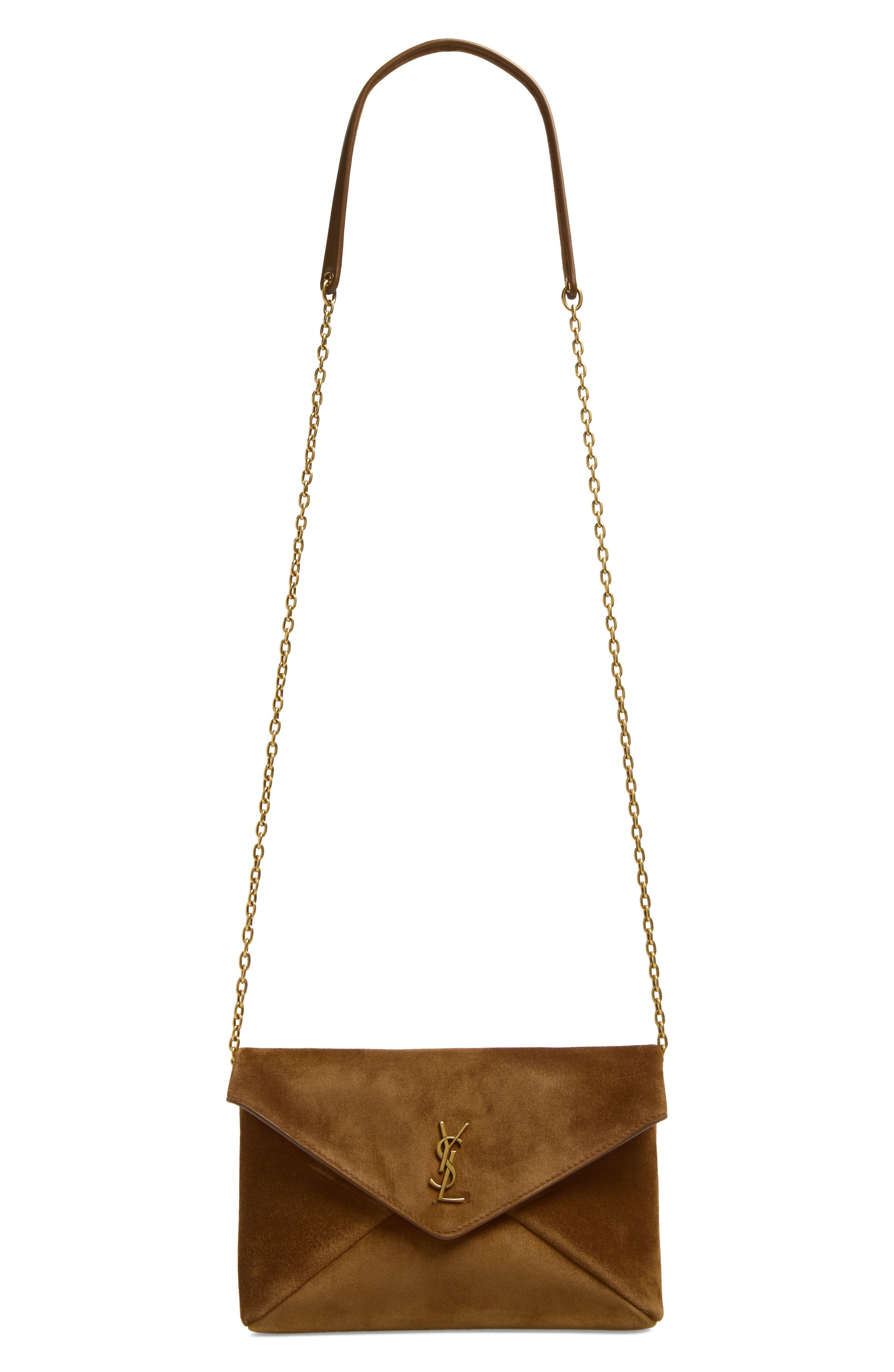 Small Cassandre Suede Crossbody Bag, Main, color, CARAMEL COGNAC