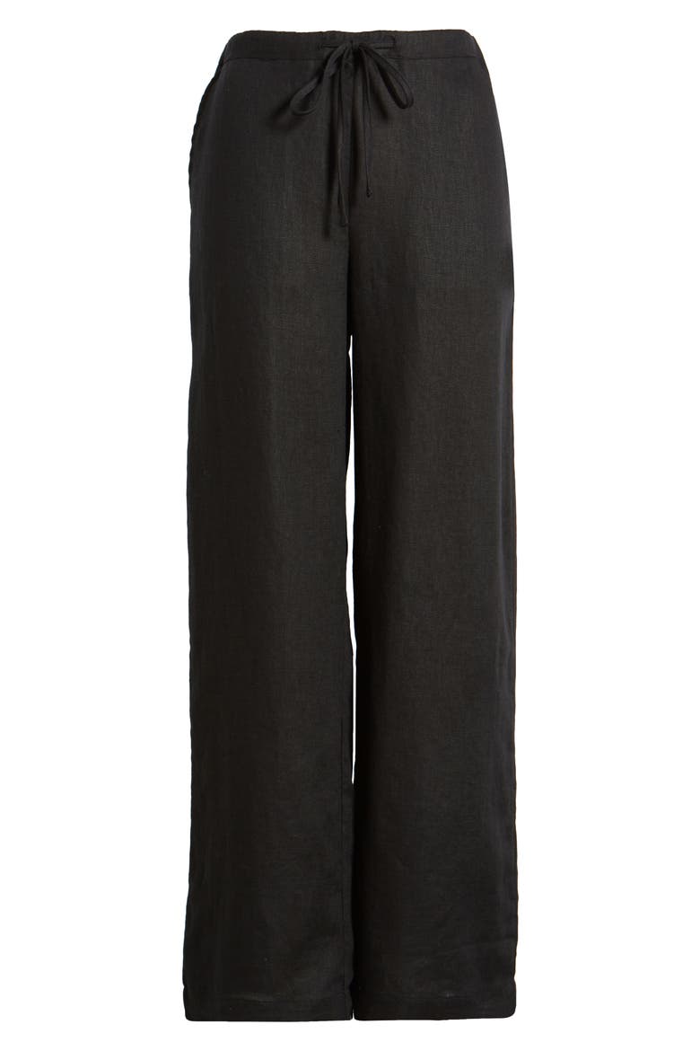 Emmie Drawstring Wide Leg Linen Pants, Alternate, color, BLACK