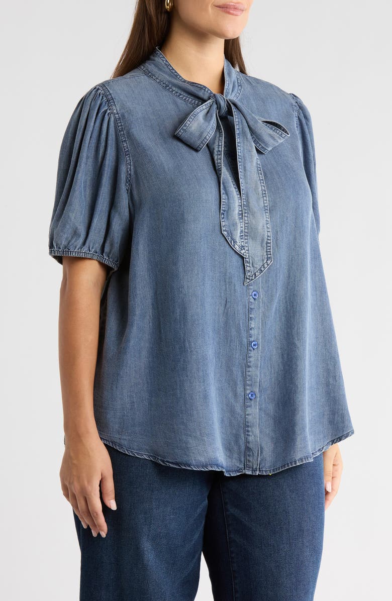 SUGARLIPS Georgina Tie Neck Chambray Top, Alternate, color, Medium-Chambray