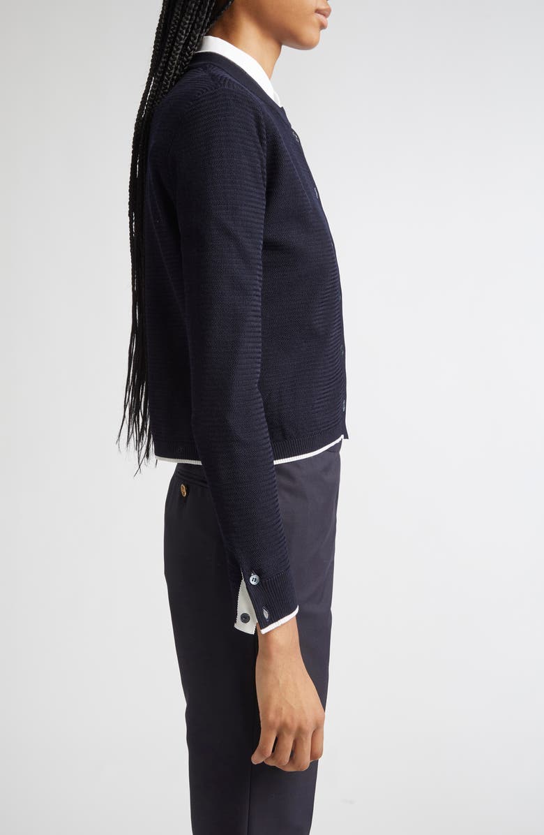 Thom Browne Textured Stitch Virgin Wool Crewneck Cardigan, Alternate, color, Navy