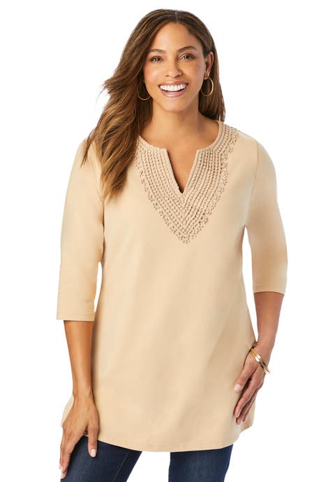 Stretch Cotton Notch Neck Tunic (Plus Available)