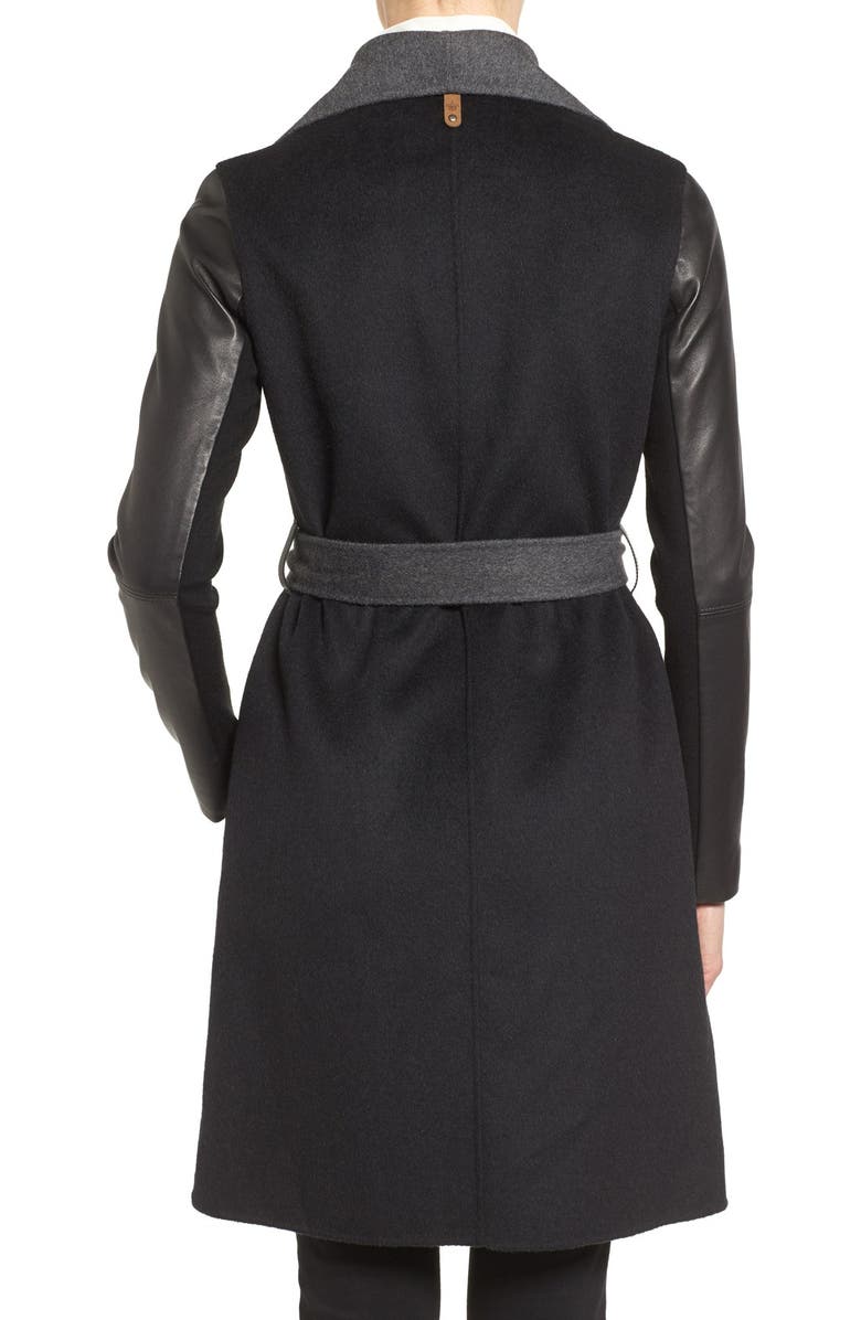 Mackage Leather Sleeve Wool Blend Wrap Coat, Alternate, color, 