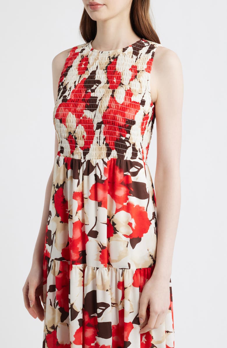 Anne Klein Smocked Bodice Sleeveless Flared Maxi Dress, Alternate, color, White Dove Multi