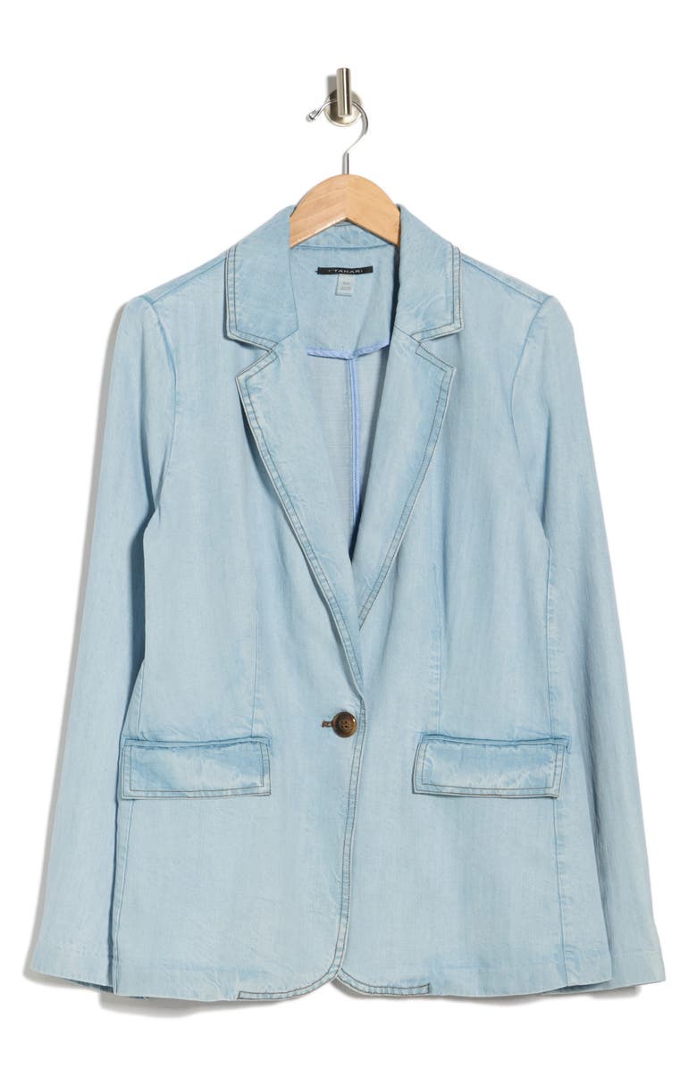T Tahari Single Button Chambray Blazer, Main, color, Light Wash