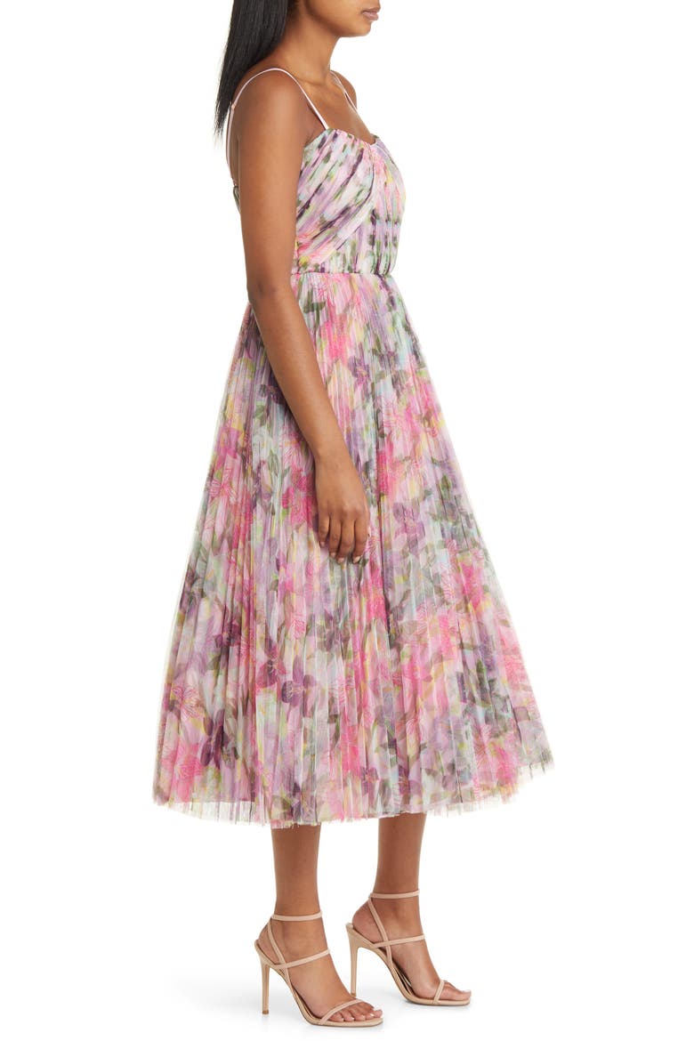 Vita Floral Pleated Tulle A-Line Gown, Alternate, color, PINK LAUGHING LILLIES TULLE
