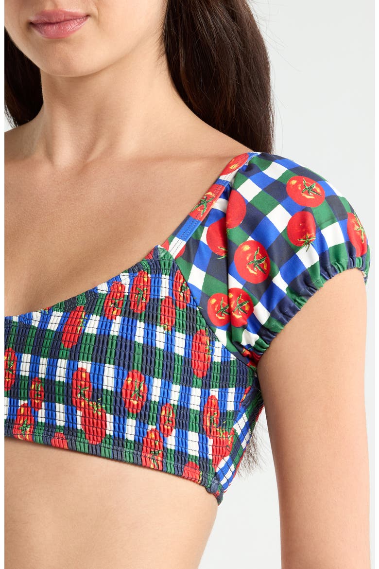 Smocked Puff Sleeve Bikini Top, Alternate, color, GINGHAM TOMATOES BLUE/ GREEN