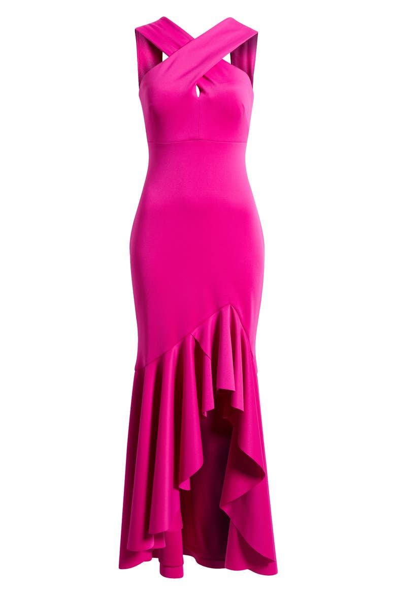 Cross Neck High-Low Evening Dress, Alternate, color, HOT PINK