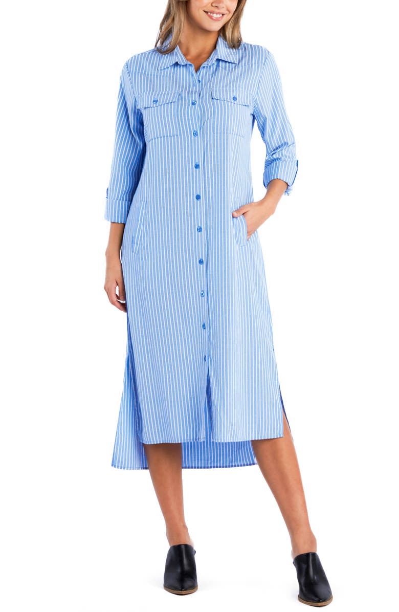 Billy T Take a Chance Stripe Long Sleeve Linen Blend Shirtdress, Alternate, color, Denim Blue Stripes