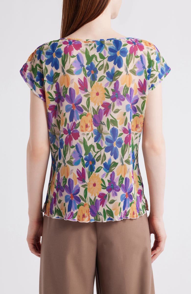 Tahari ASL Floral Plissé Cap Sleeve Top, Alternate, color, Sand Jungle