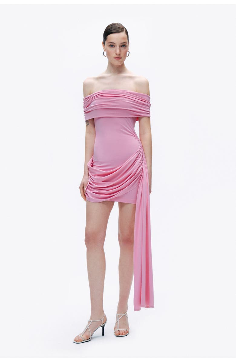 Nocturne Pink Ruched Off Shoulder Draped Mini Dress, Alternate, color, 
