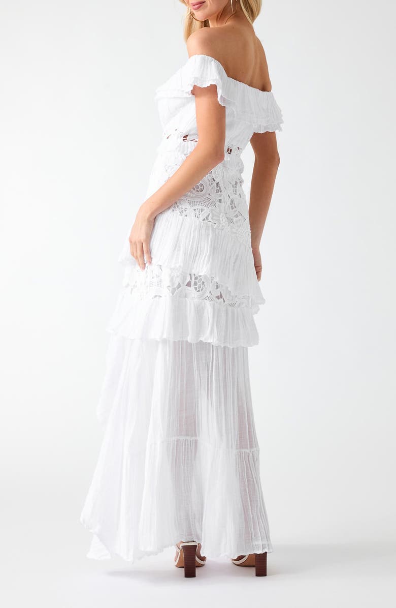GUESS Maya Lace Ruffle Off the Shoulder Maxi Dress, Alternate, color, Open White